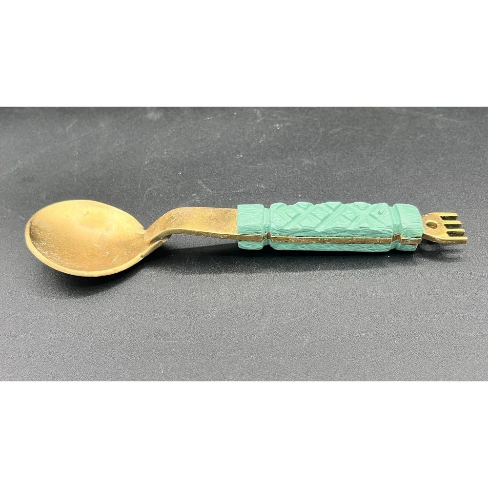 Vtg‎ Lg Hammered Brass Wood Serving Fork Smaller 2-Prong Fork Spoon Handcrafted